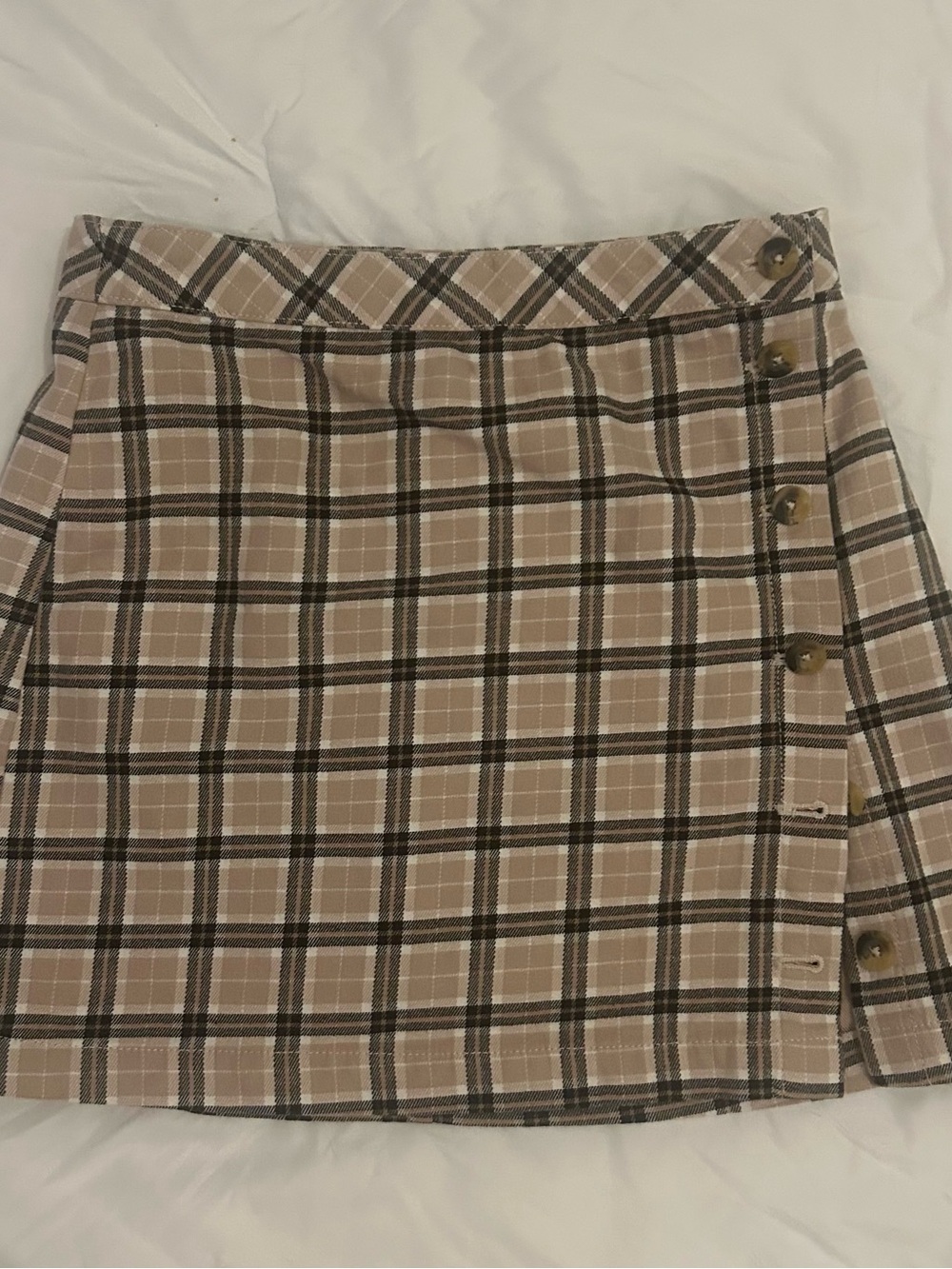 H&M Beige Plaid Side-Button Mini Skirt